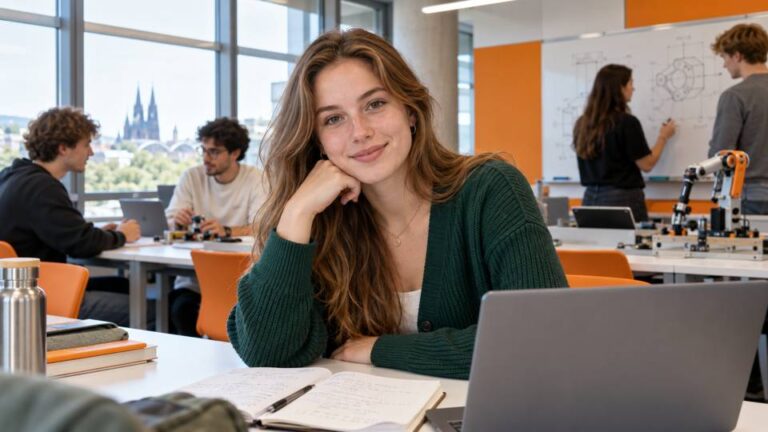 Junge Frau mit Laptop und Notizbuch in einem technischen Seminarraum.
