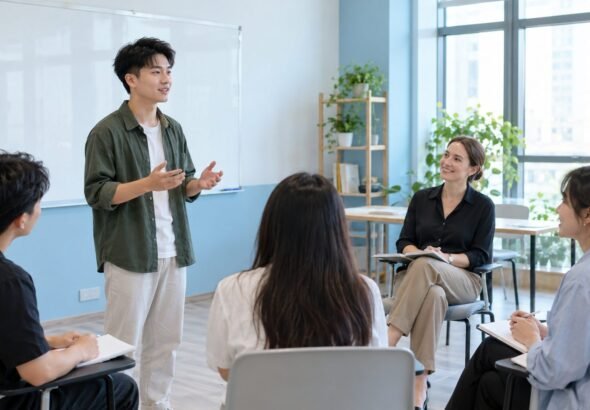 Erwachsene in Vietnam üben eine mündliche Sprachprüfung