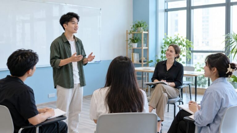 Erwachsene in Vietnam üben eine mündliche Sprachprüfung