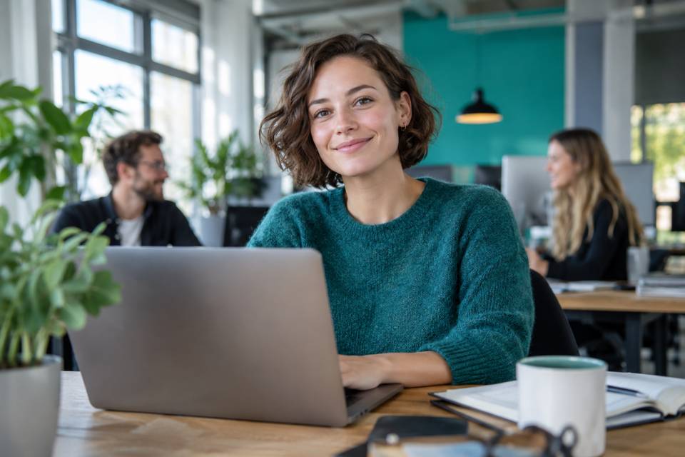 Junge Frau am Laptop in einem hellen Büro mit Kollegen im Hintergrund.
