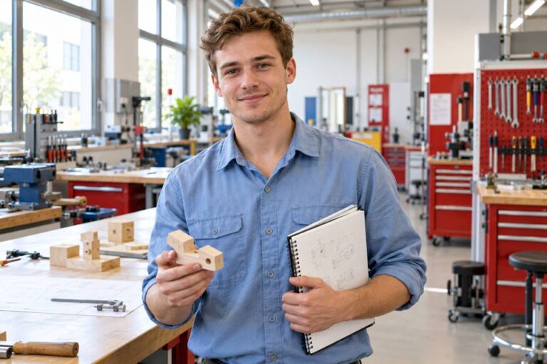 Junger Mann mit Holzmodell und Notizbuch in einer technischen Werkstatt.