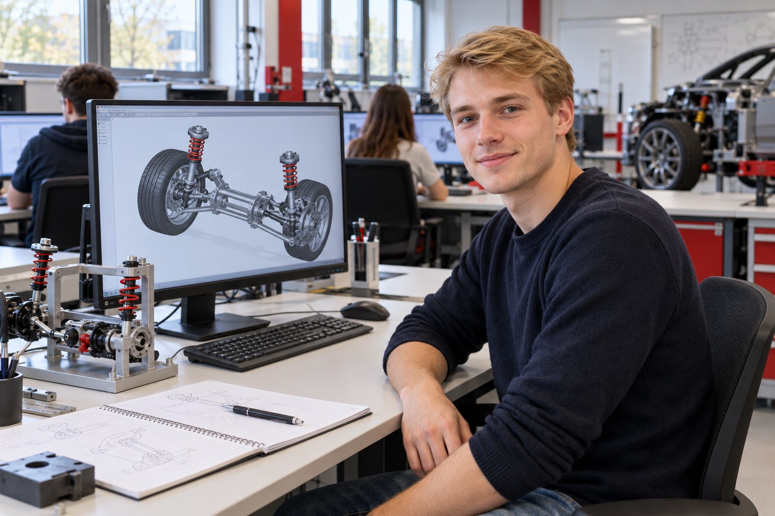 Student neben einem Bildschirm mit Fahrwerksmodell und einem kleinen Lehrmodell