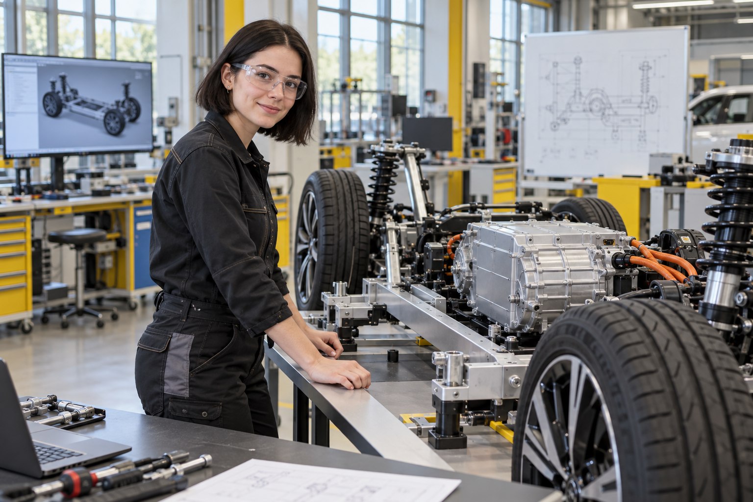 Frau im Fahrzeugtechnik-Labor neben einem Lehrfahrgestell mit Rädern und Antriebseinheit