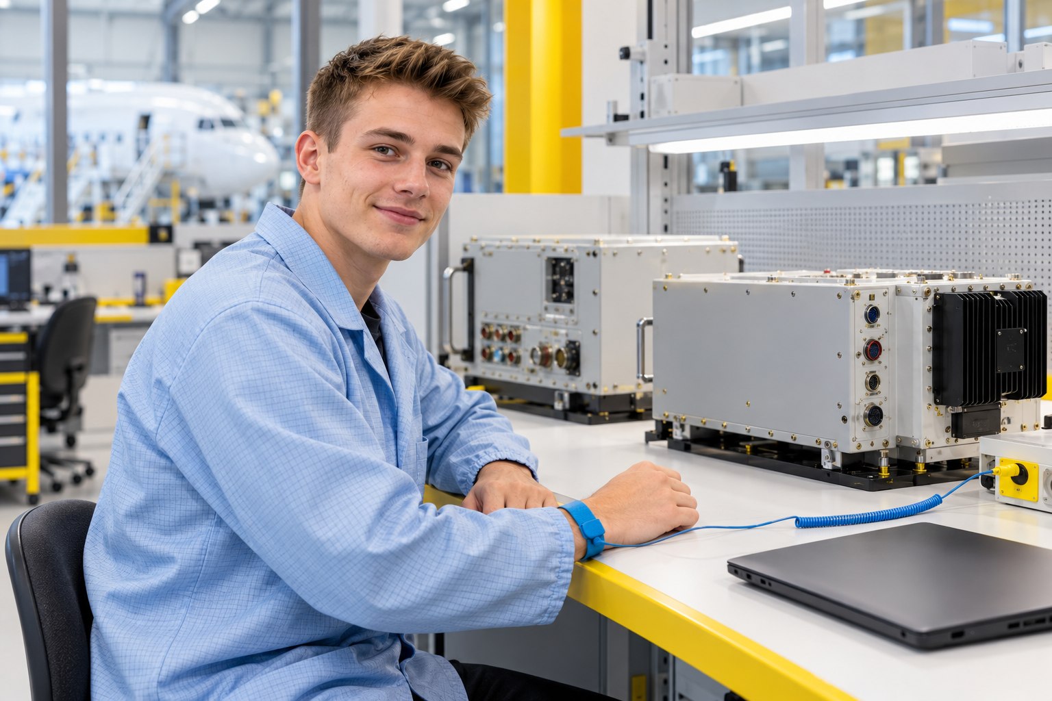 Junger Mann mit ESD-Armband an einem Labortisch mit elektronischen Baugruppen