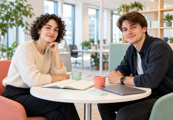 Zwei junge Erwachsene an einem Bürotisch mit Notizbuch und Laptop