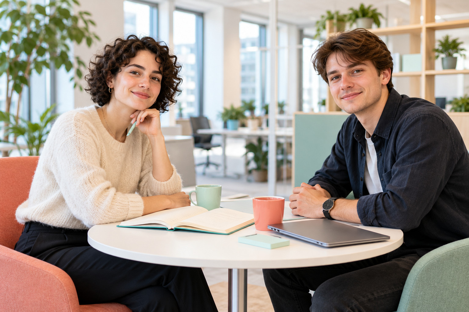 Zwei junge Erwachsene an einem Bürotisch mit Notizbuch und Laptop