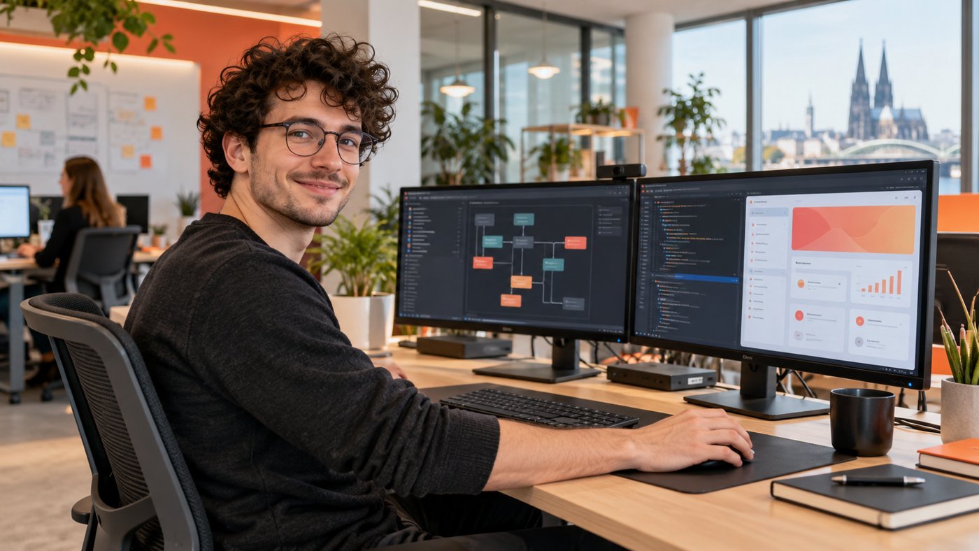 Entwickler an zwei Monitoren in einem hellen Büro.