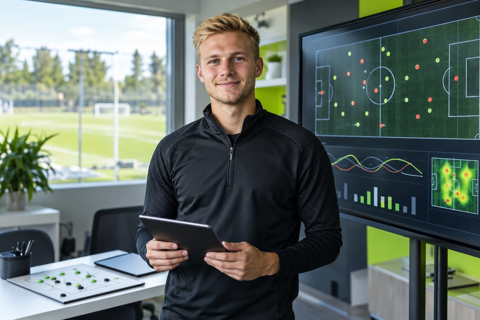 Sportanalyst mit Tablet vor einem Bildschirm mit Fußballtaktik und Diagrammen