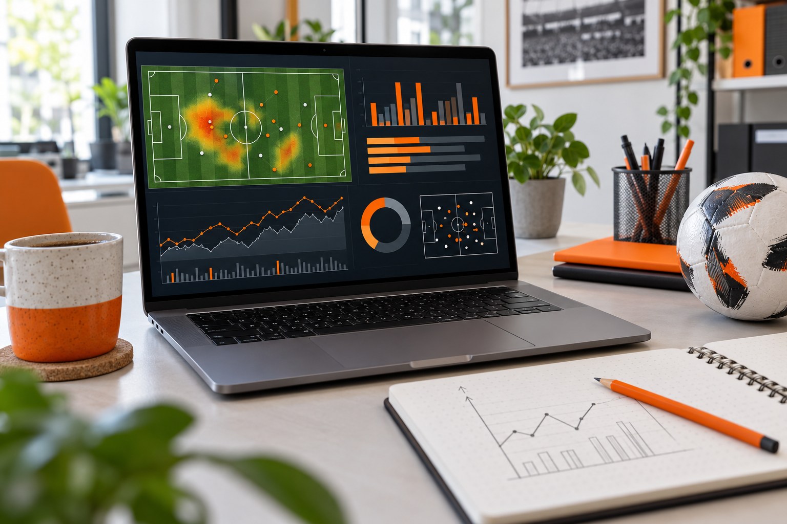 Laptop mit Fußballfeldgrafik und statistischen Diagrammen neben einem Fußball