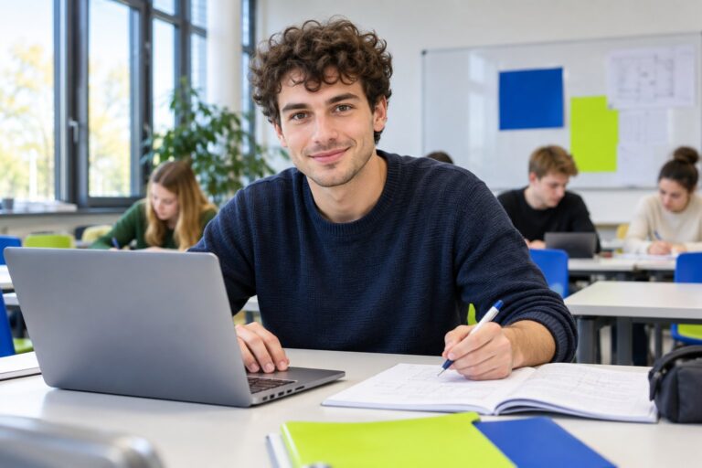 Mann mit Laptop und Notizbuch in einem hellen Unterrichtsraum.