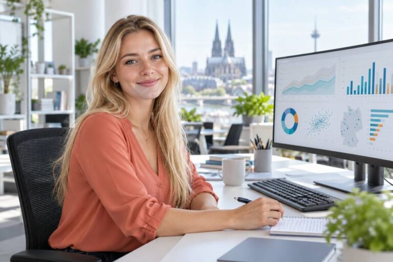 Junge Frau am Schreibtisch neben einem Bildschirm mit Diagrammen.