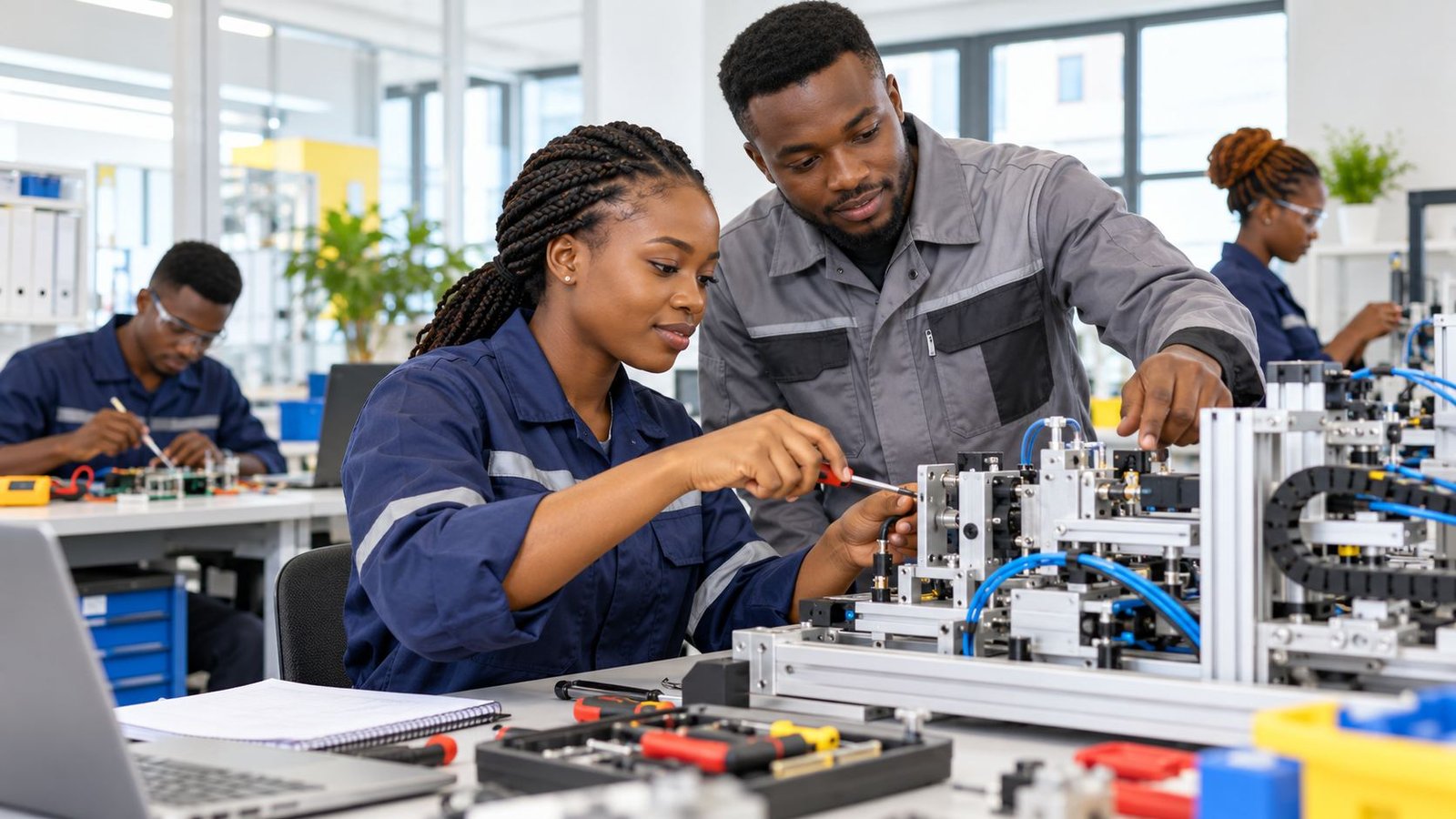 Erwachsene aus Ghana bei praktischer technischer Weiterbildung