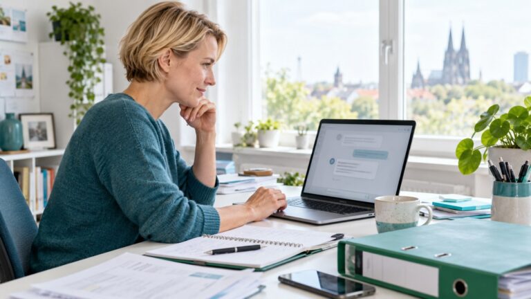 Frau am Laptop mit Chatansicht, Notizblock und grünem Ordner