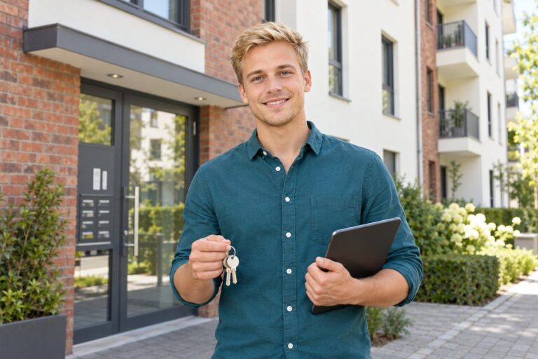 Mann mit Tablet und Schlüsselbund vor einem Wohngebäude.