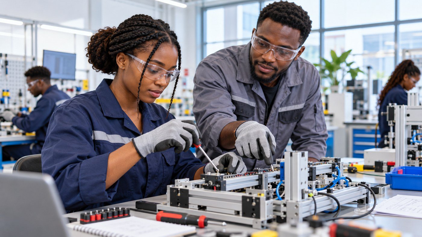 Erwachsene Lernende aus Kamerun arbeiten an einer technischen Übungsanlage