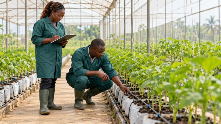 Erwachsene aus Kamerun prüfen Jungpflanzen und Bewässerung im Gewächshaus