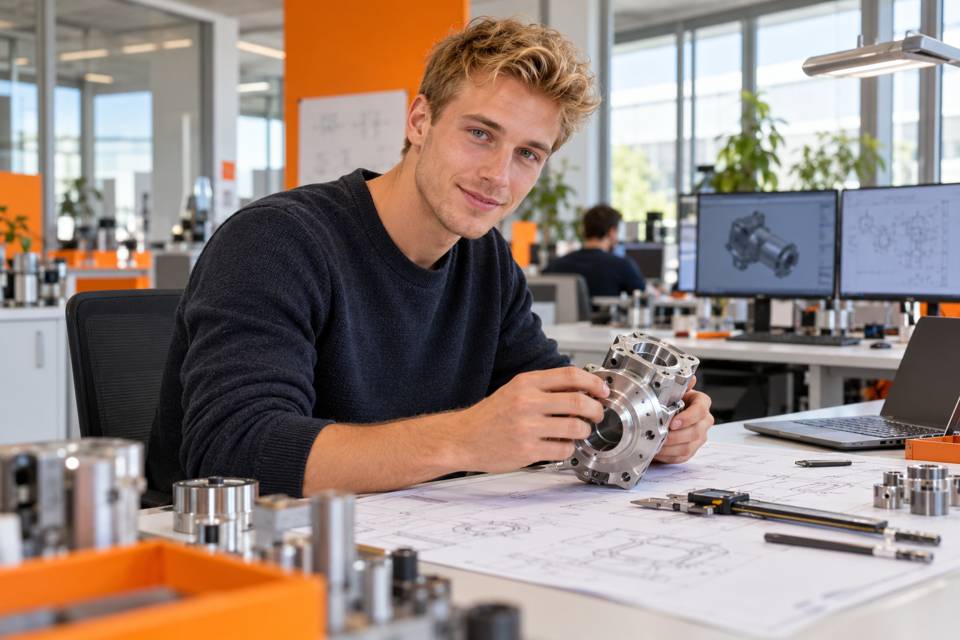 Junger Mann mit einem Metallbauteil an einem Konstruktionstisch.