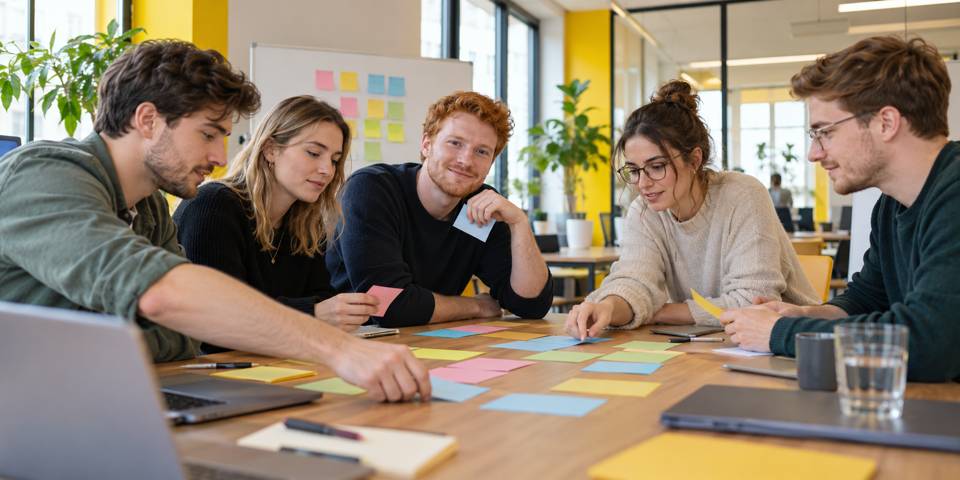 Ein Team bespricht farbige Karten an einem Tisch.