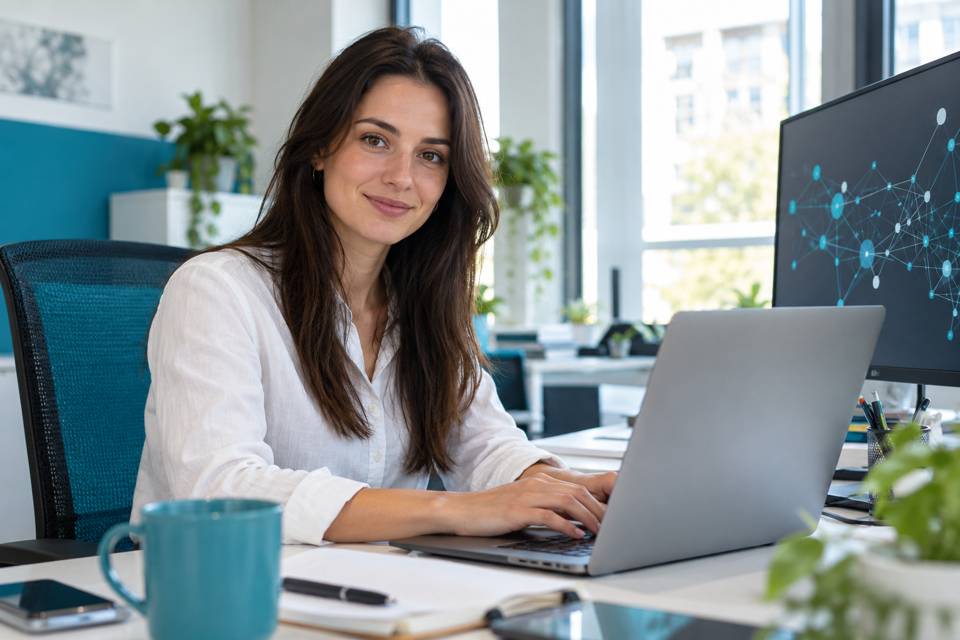 Junge Frau arbeitet am Laptop neben einem Bildschirm mit einem Netzwerkbild.