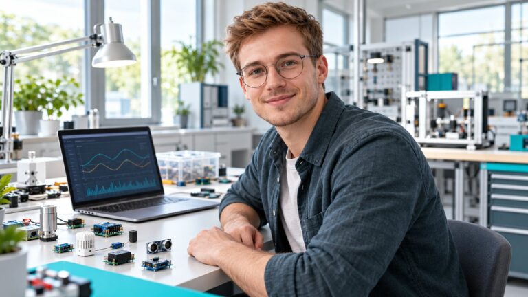 Mann an einem Arbeitsplatz mit Sensoren und Laptop.
