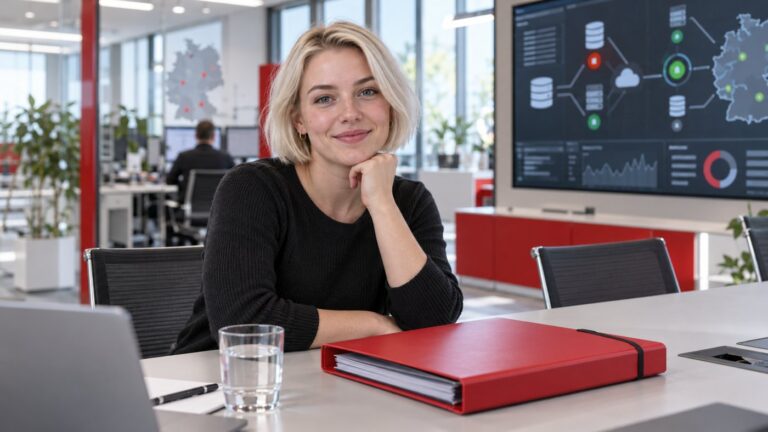 Frau mit roter Mappe an einem IT-Arbeitsplatz.
