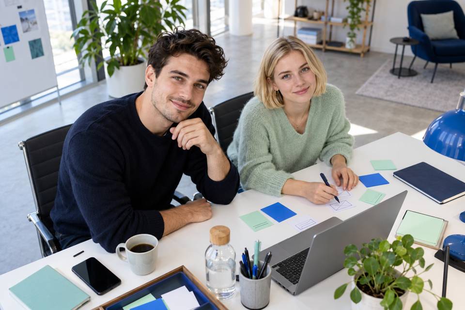 Zwei Berufstätige sitzen mit Laptop und Aufgabenkarten an einem Schreibtisch.