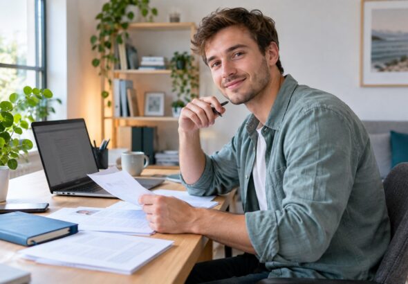Junger Mann mit Laptop, Notizbuch und Bewerbungsunterlagen am Schreibtisch