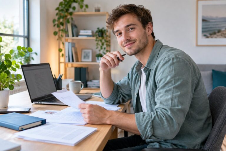 Junger Mann mit Laptop, Notizbuch und Bewerbungsunterlagen am Schreibtisch