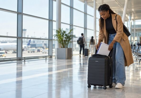 Nigerianische Reisende bereitet ihre Bildungsunterlagen am Flughafen vor