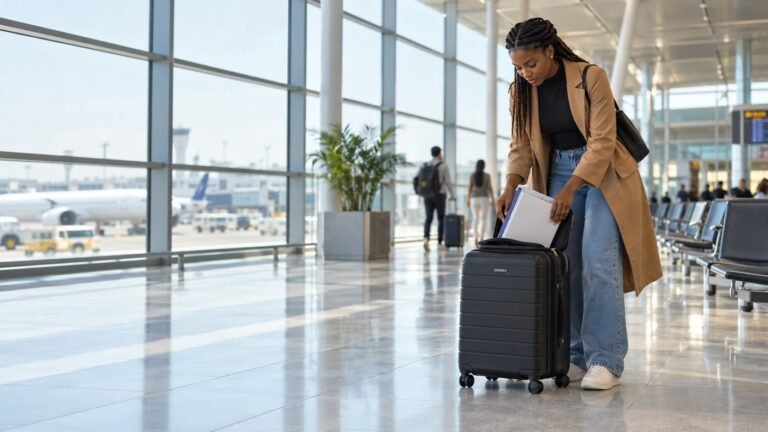 Nigerianische Reisende bereitet ihre Bildungsunterlagen am Flughafen vor