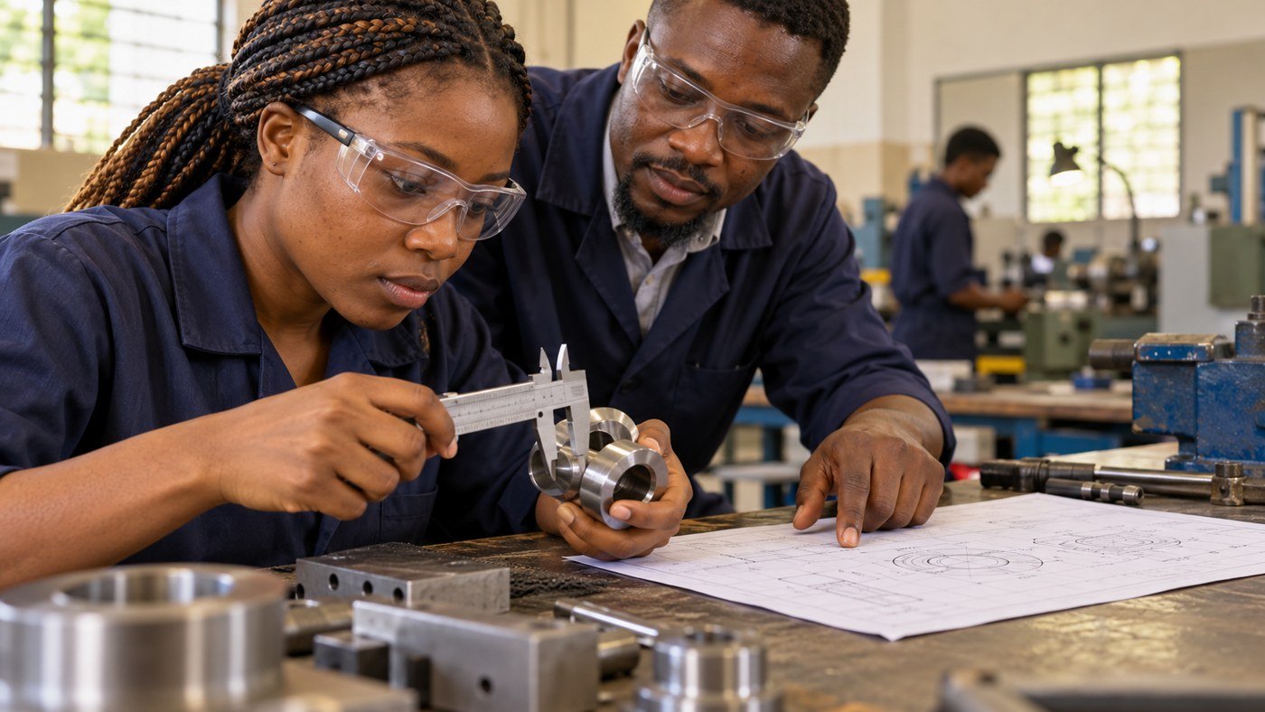 Erwachsene Nigerianerin prüft ein Metallbauteil mit einem Messschieber