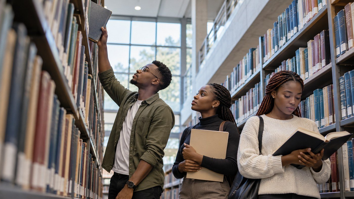 Nigerianische Erwachsene recherchieren in einer Hochschulbibliothek