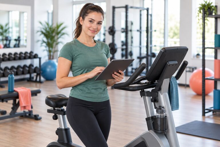 Sportlerin mit Tablet neben einem Ergometer im Fitnessstudio