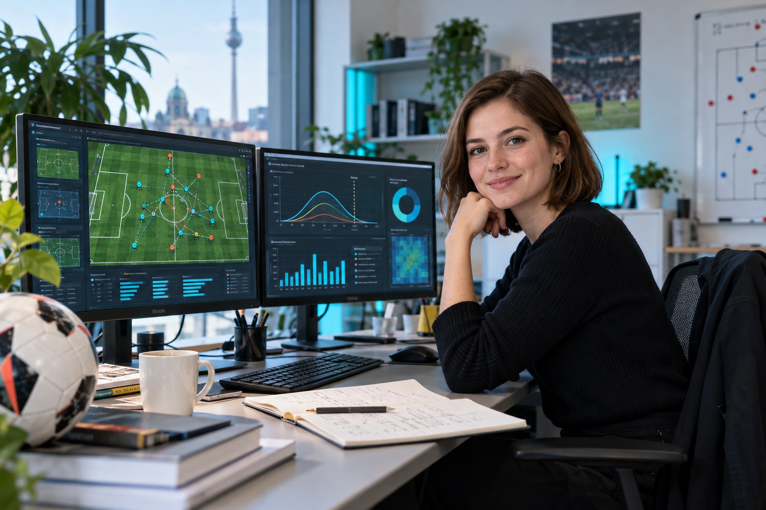 Analystin vor Monitoren mit Fußballtaktik und statistischen Diagrammen