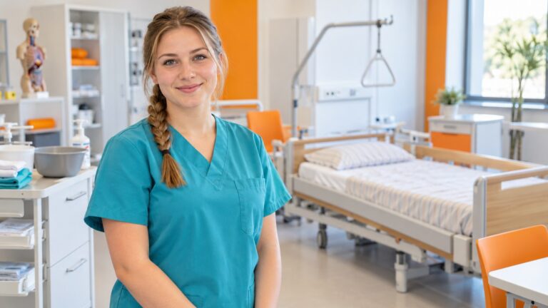 Junge Frau in türkiser Pflegekleidung neben einem Pflegebett im Übungsraum