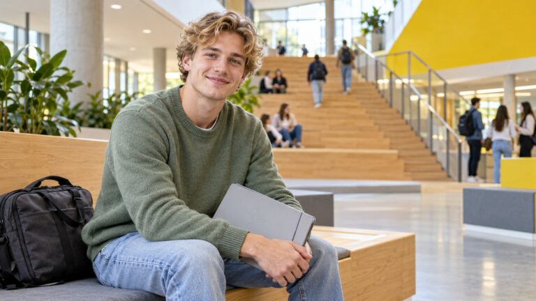 Student mit einer Mappe im hellen Atrium einer Hochschule.