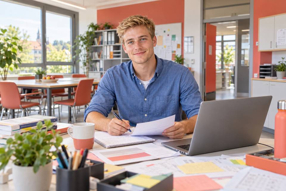 Junger Mann bereitet mit Laptop, Notizbuch und Unterrichtsmaterialien eine Stunde vor.