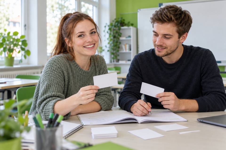 Zwei Personen besprechen Karten und ein aufgeschlagenes Arbeitsbuch.