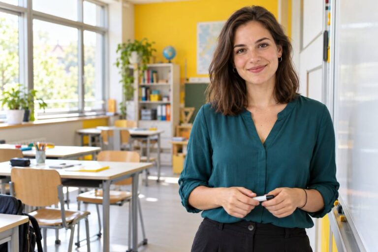 Junge Frau mit einem Tafelstift neben einer weißen Tafel im Klassenraum.