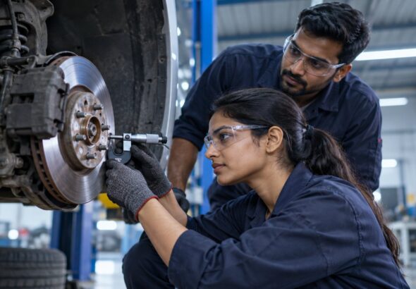 Praktische Fahrzeugtechnik und präzise Messung in Indien