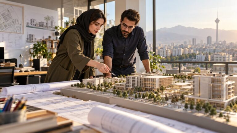 Iranische Fachkräfte besprechen ein Architekturmodell