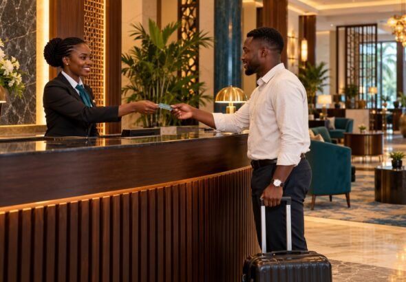 Hotelrezeption mit Schlüsselübergabe, Symbolbild für Hotellerieberufe in Ghana