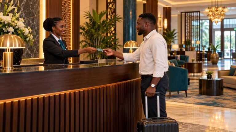 Hotelrezeption mit Schlüsselübergabe, Symbolbild für Hotellerieberufe in Ghana