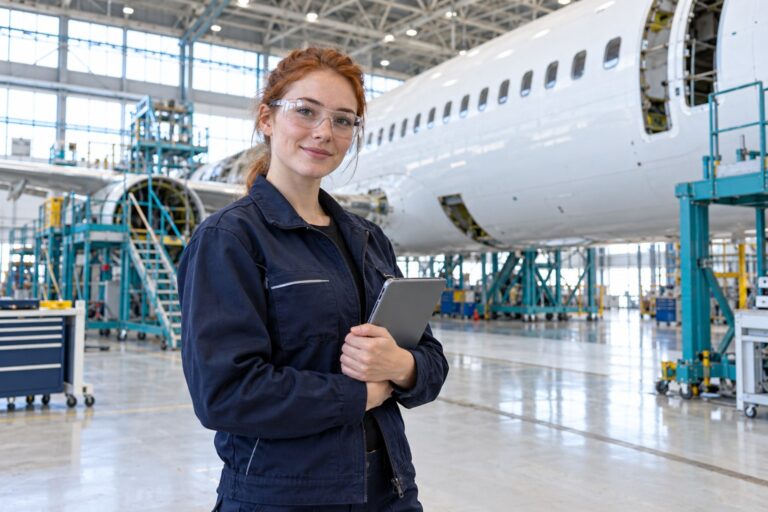 Technische Fachkraft mit Tablet vor einer Flugzeugrumpfsektion im Hangar