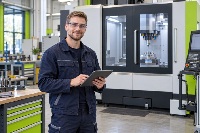 Mann mit Tablet und Schutzbrille neben einer geschlossenen Werkzeugmaschine
