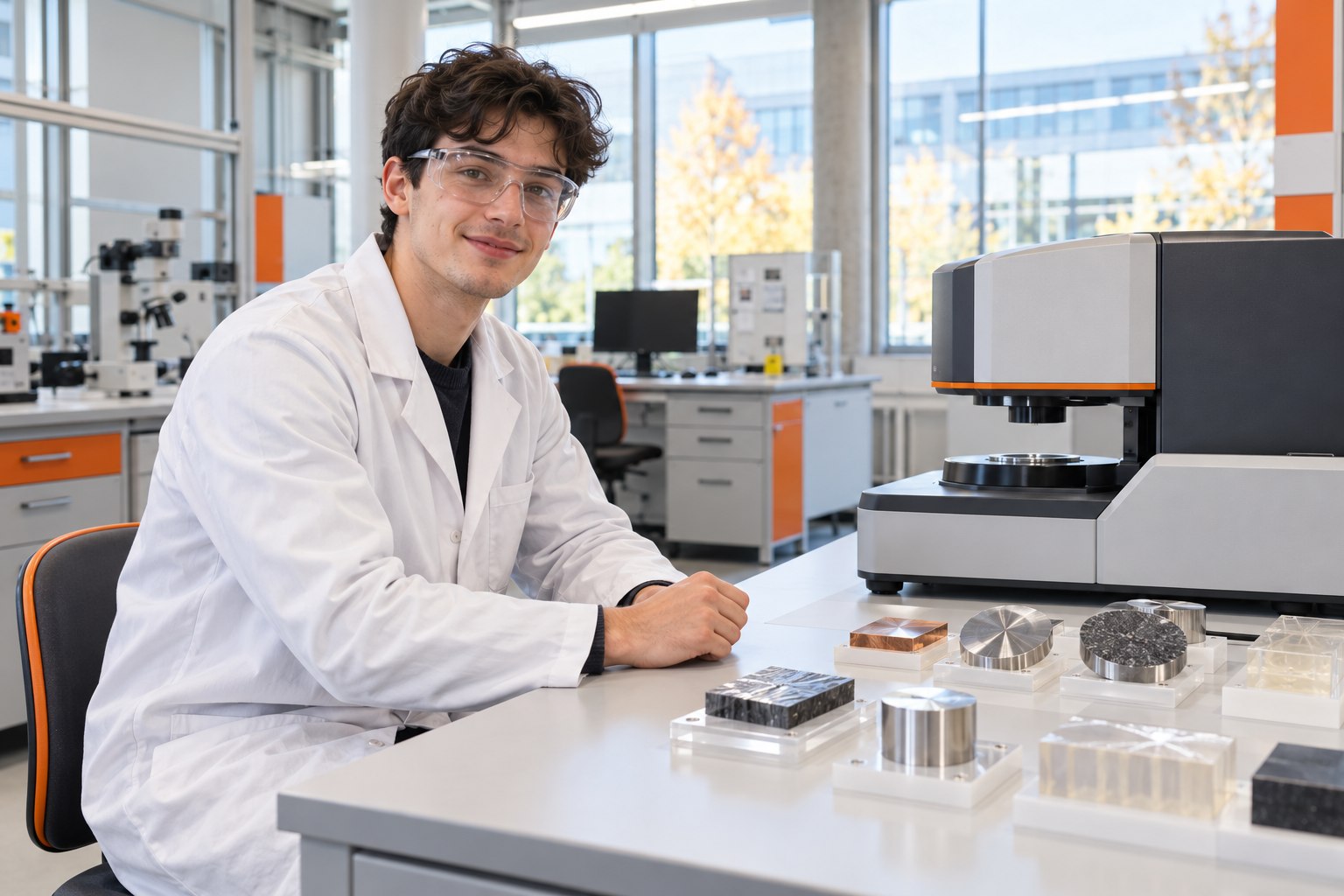 Student mit Schutzbrille am Labortisch mit Werkstoffproben und Messgerät