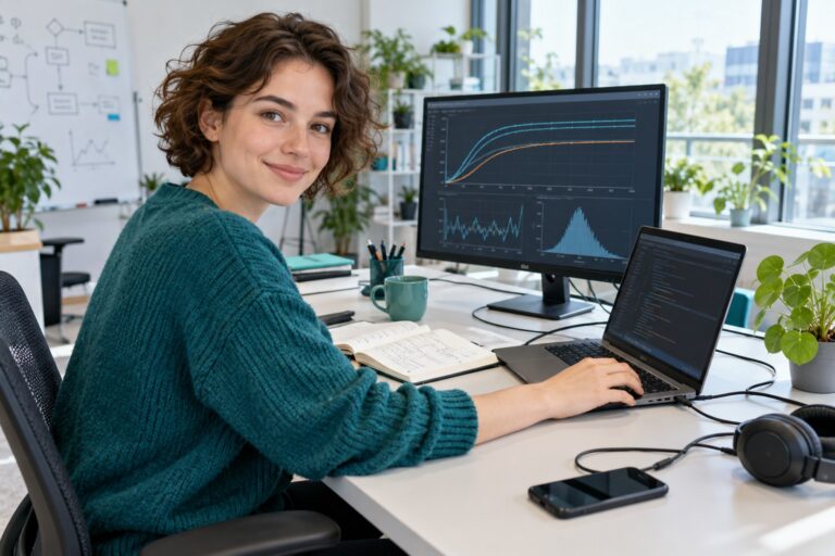 Frau am Laptop neben einem Monitor mit Diagrammen.