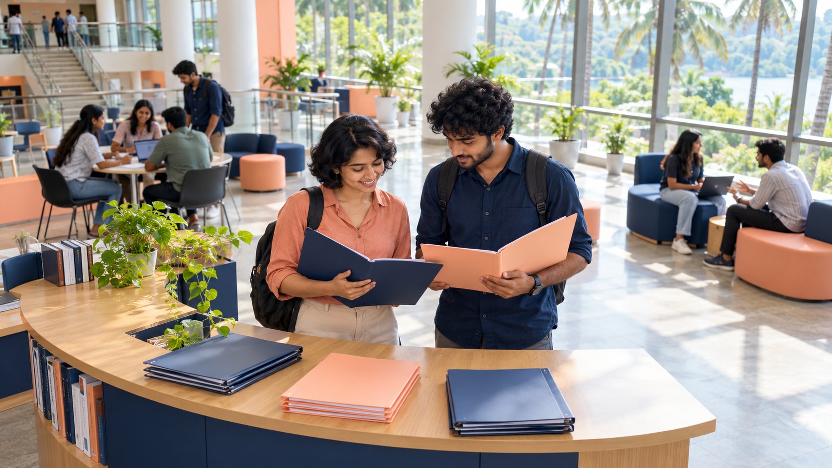Erwachsene indische Studieninteressierte planen ihren Bildungsweg an einem Campusarbeitsplatz