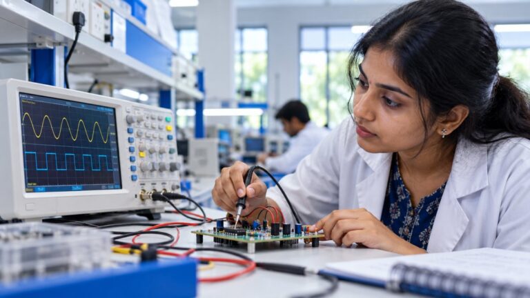 Indische Absolventin bei einer Elektronikübung