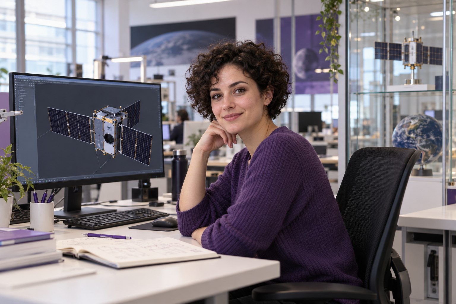 Frau am Arbeitsplatz mit Satellitenmodell auf dem Bildschirm und hinter Glas